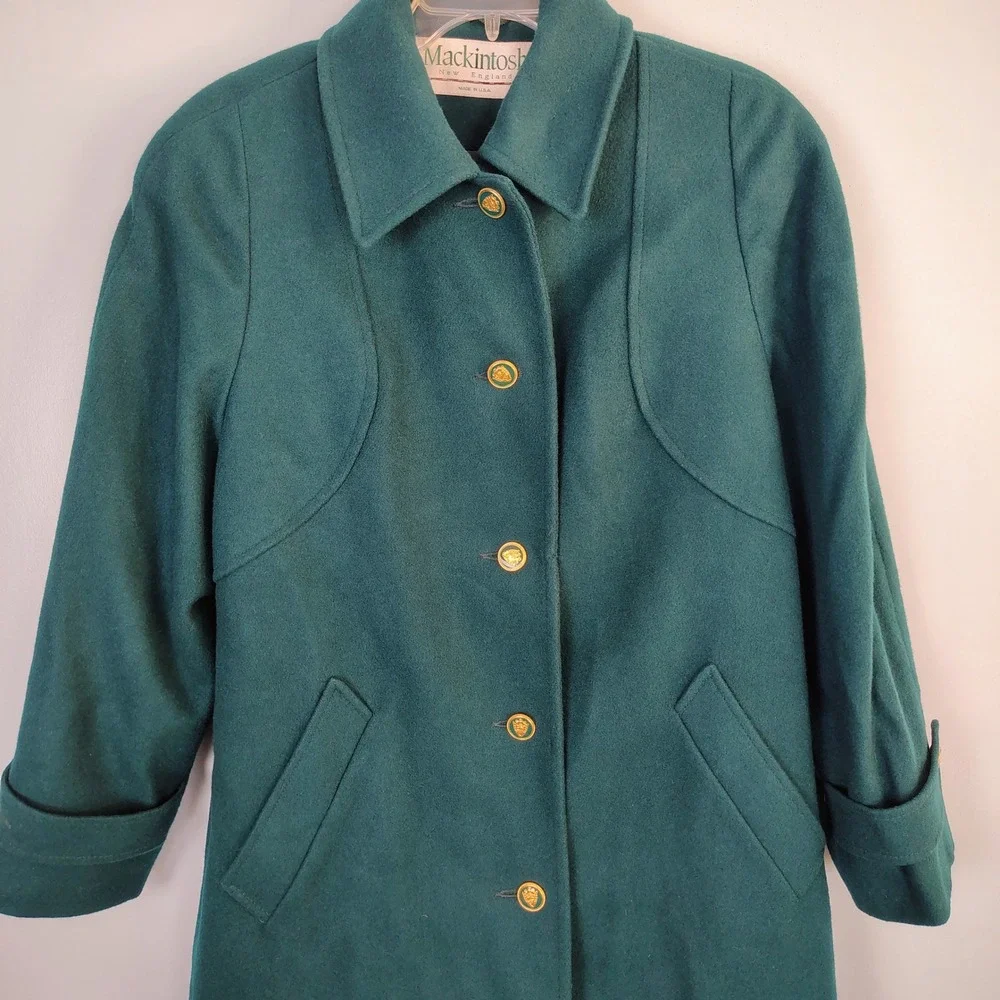Mackintosh New England Vintage Wool Car Coat Teal Green Gold Crest Buttons Sz 12